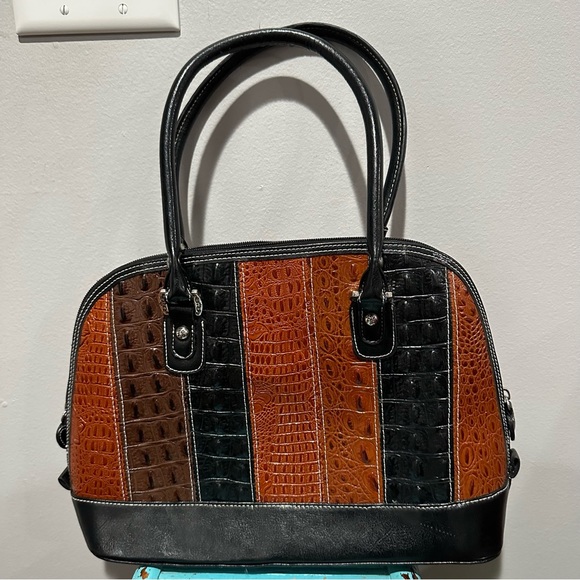 Patchwork Style Handbag Shoulder Bag Brown Black - Picture 9 of 13